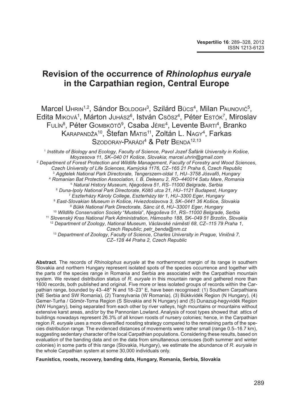 Revision of the Occurrence of Rhinolophus Euryale in the Carpathian Region, Central Europe