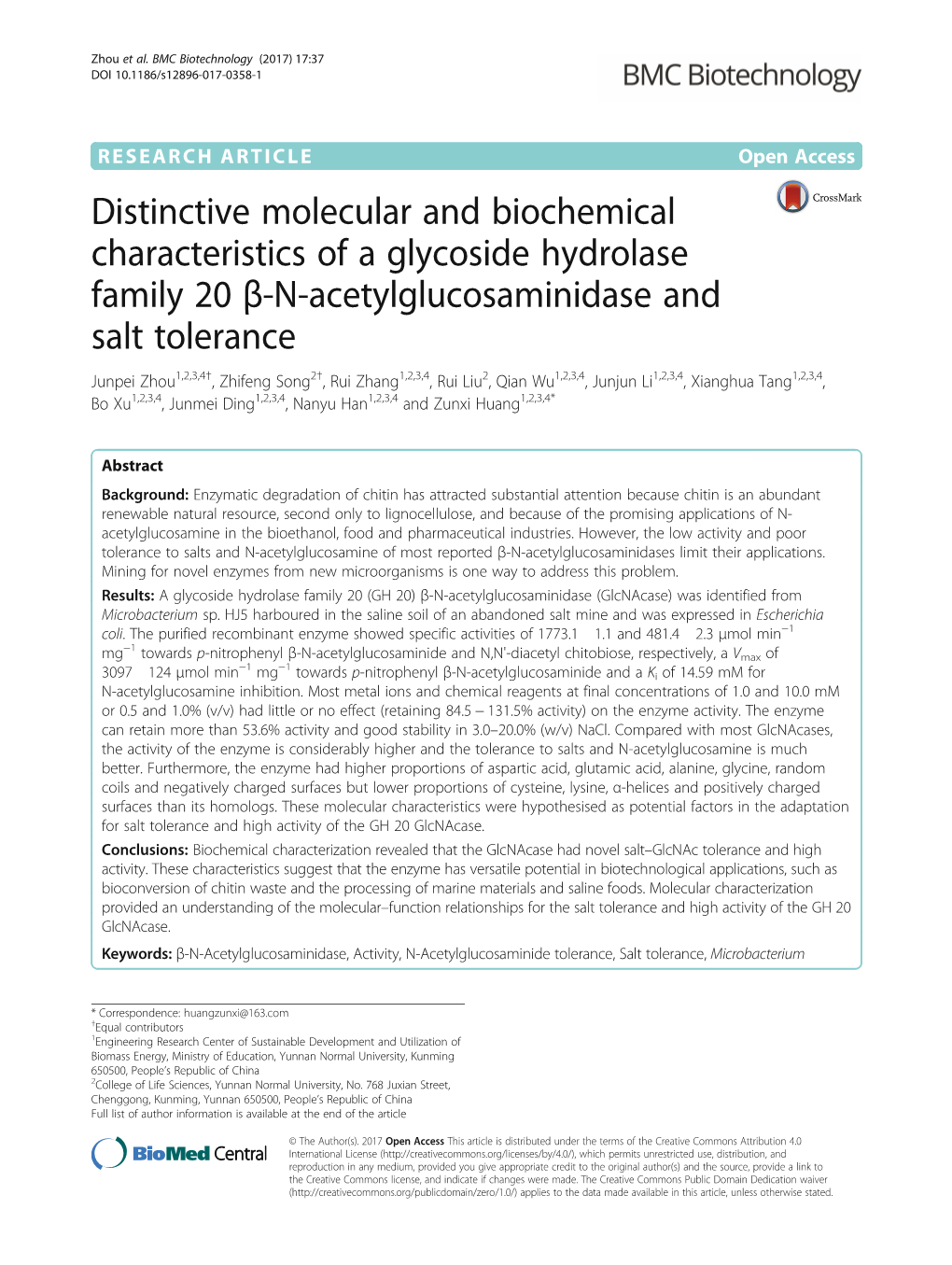 Distinctive Molecular and Biochemical Characteristics of a Glycoside Hydrolase Family 20 Β-N-Acetylglucosaminidase and Salt