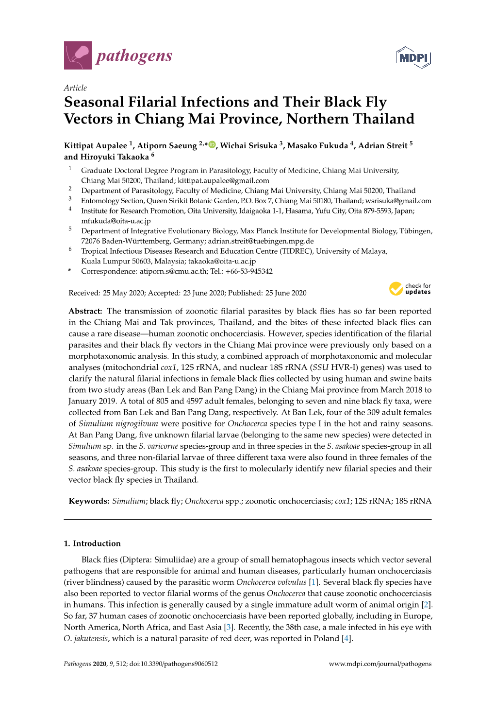 Seasonal Filarial Infections and Their Black Fly Vectors in Chiang Mai Province, Northern Thailand