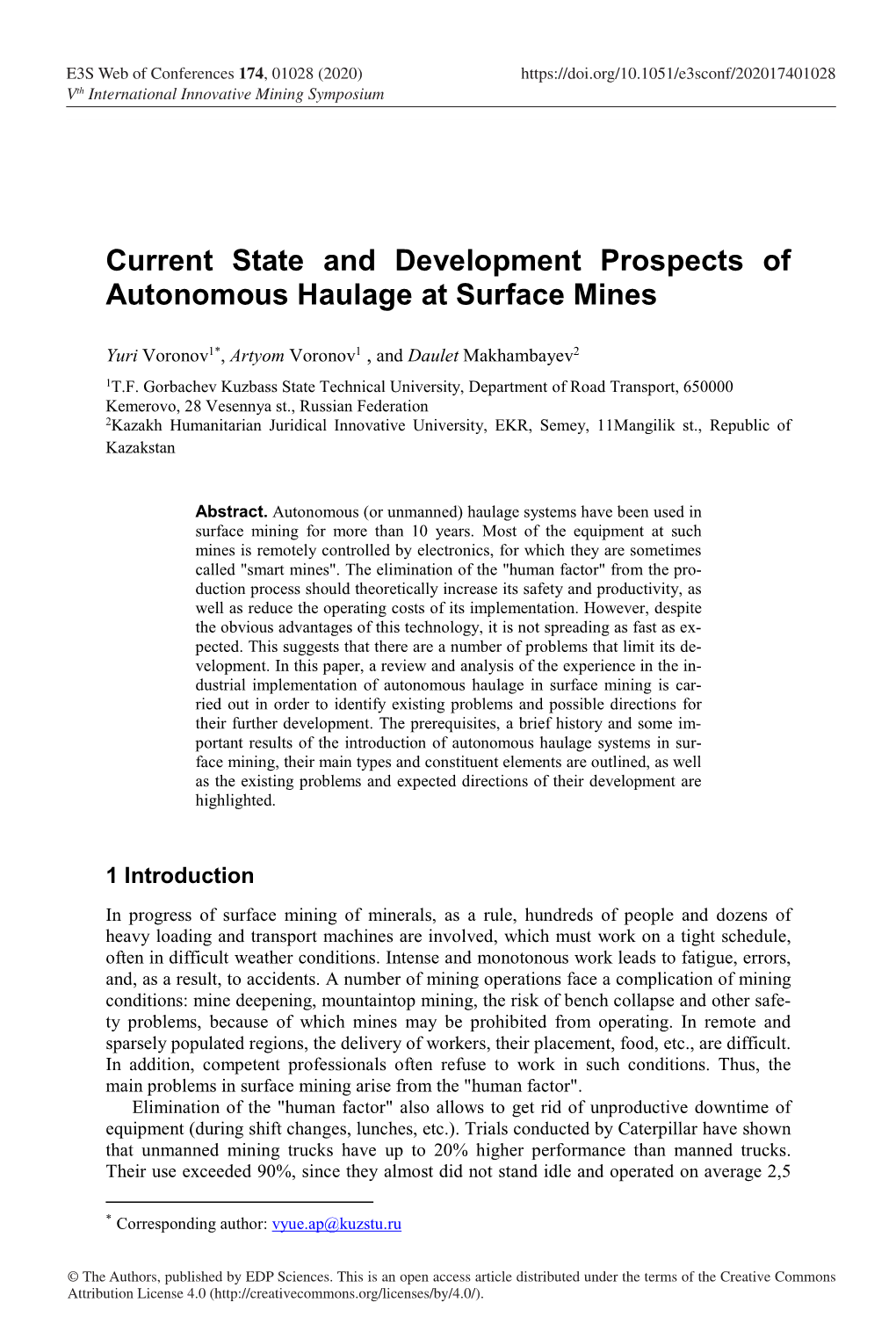 Current State and Development Prospects of Autonomous Haulage at Surface Mines