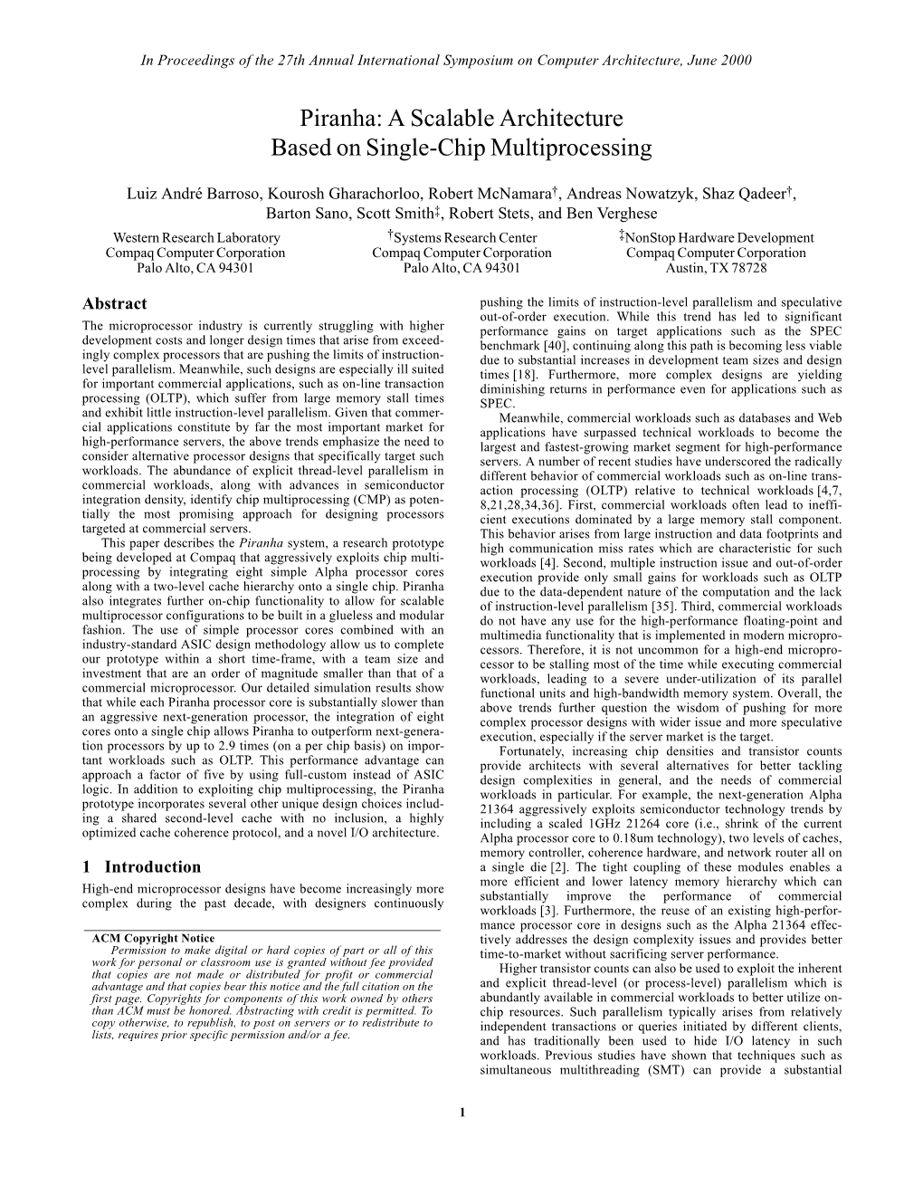 Piranha: a Scalable Architecture Based on Single-Chip Multiprocessing