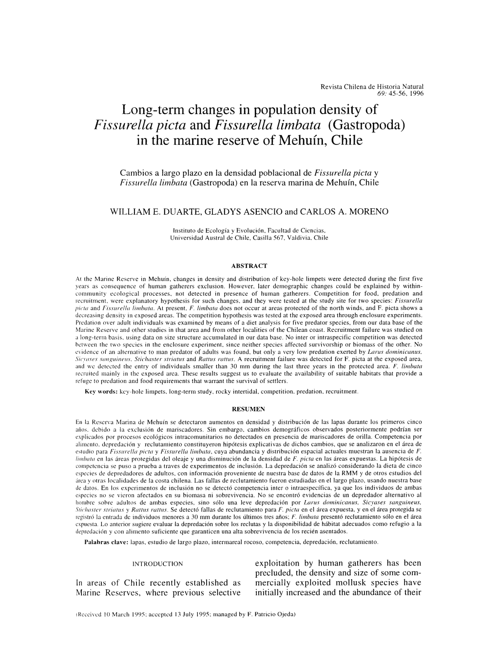 Long-Term Changes in Population Density of Fissure Ola Picta And