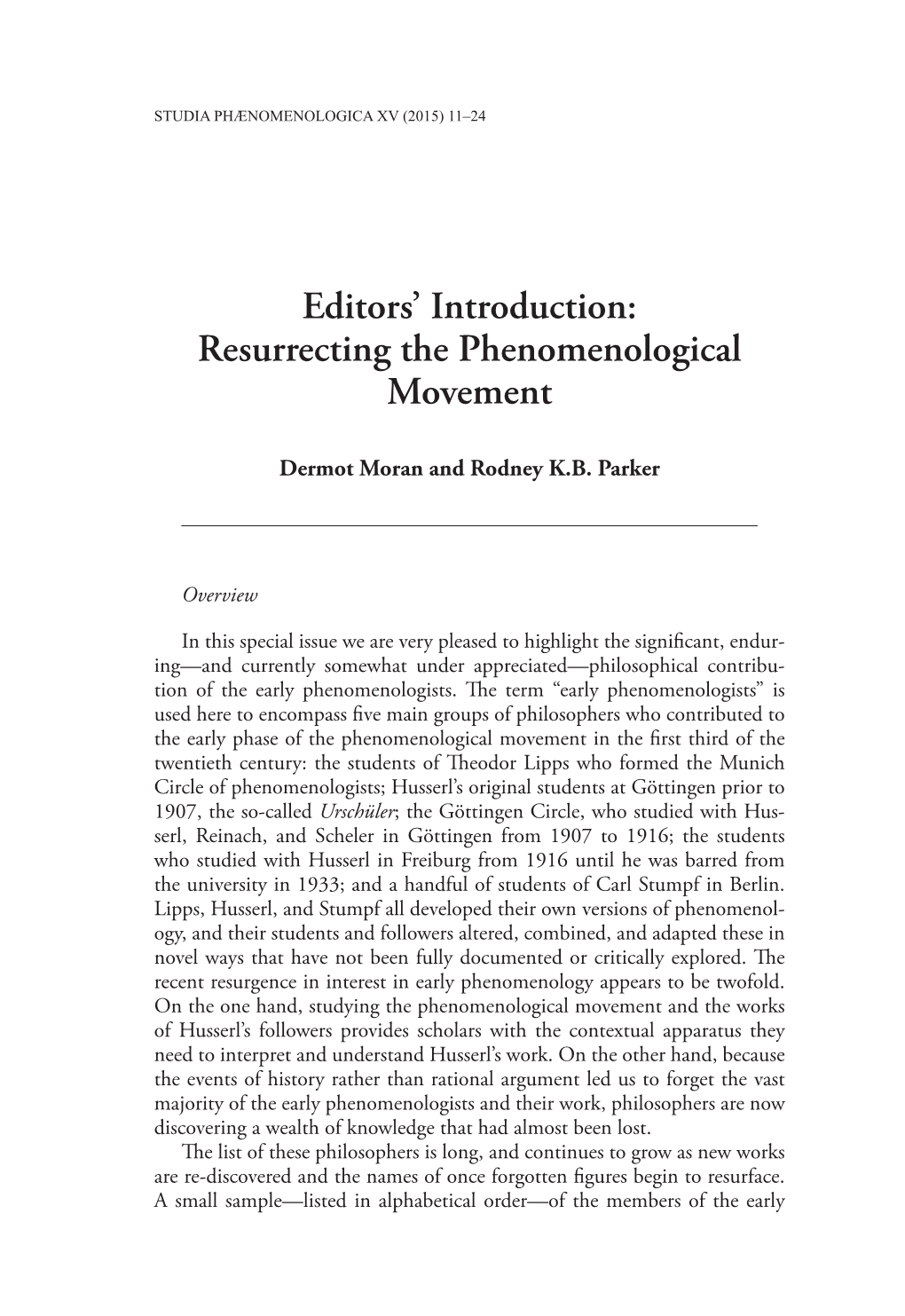 Editors' Introduction: Resurrecting the Phenomenological Movement