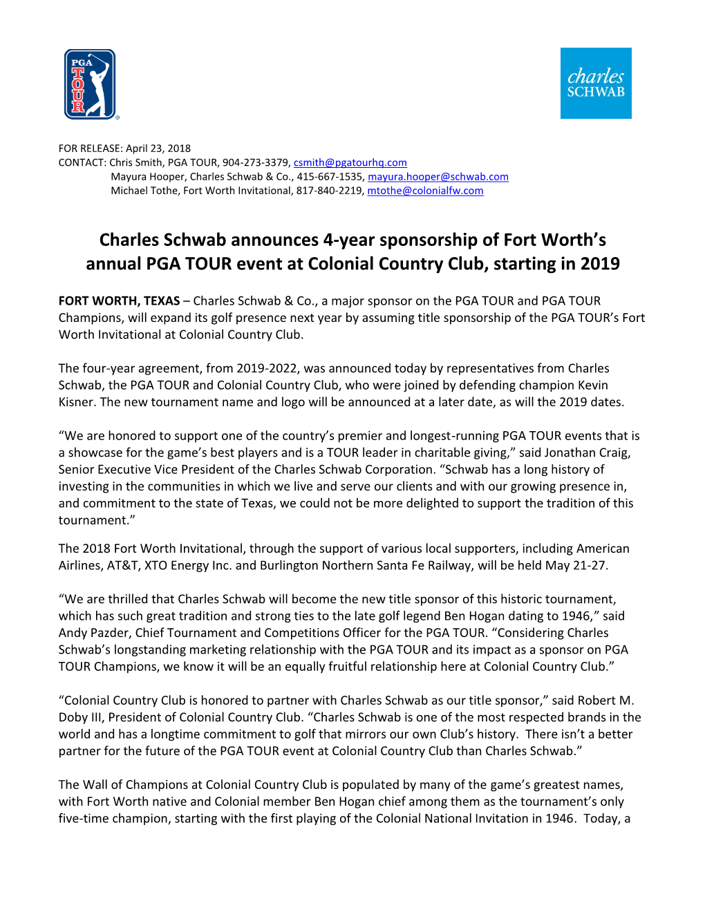 Charles Schwab Announces 4-Year Sponsorship of Fort Worth's Annual