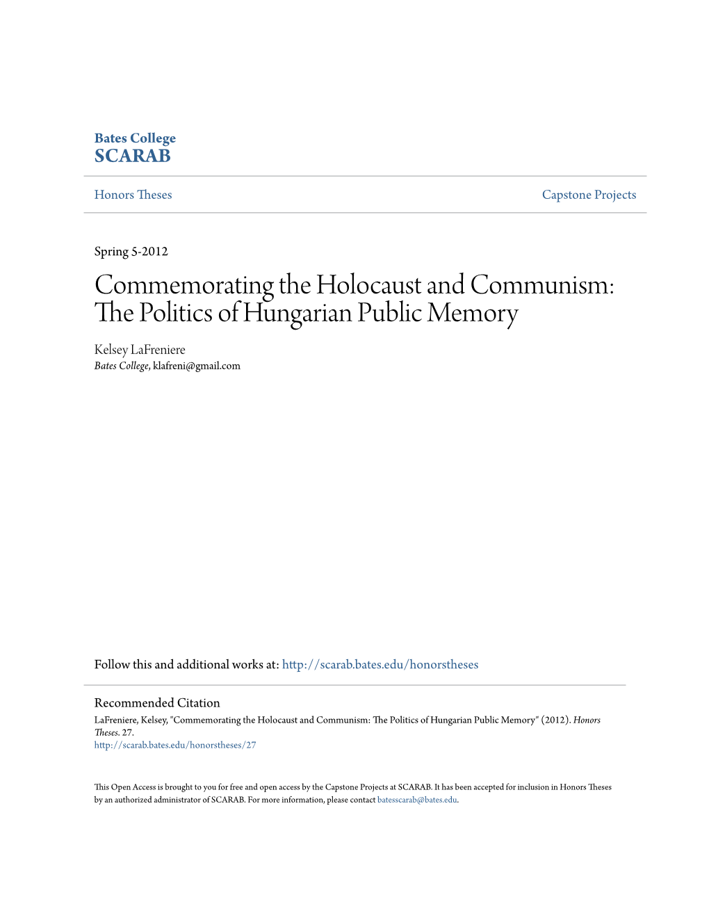 Commemorating the Holocaust and Communism: the Politics of Hungarian Public Memory