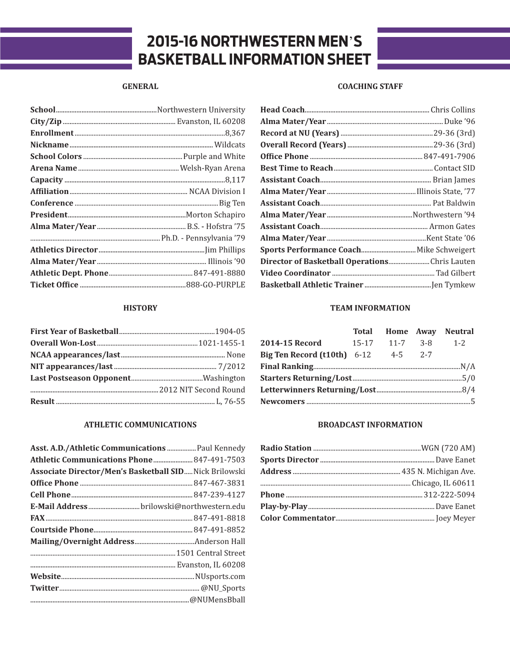 2015-16 Northwestern Men's Basketball Information Sheet