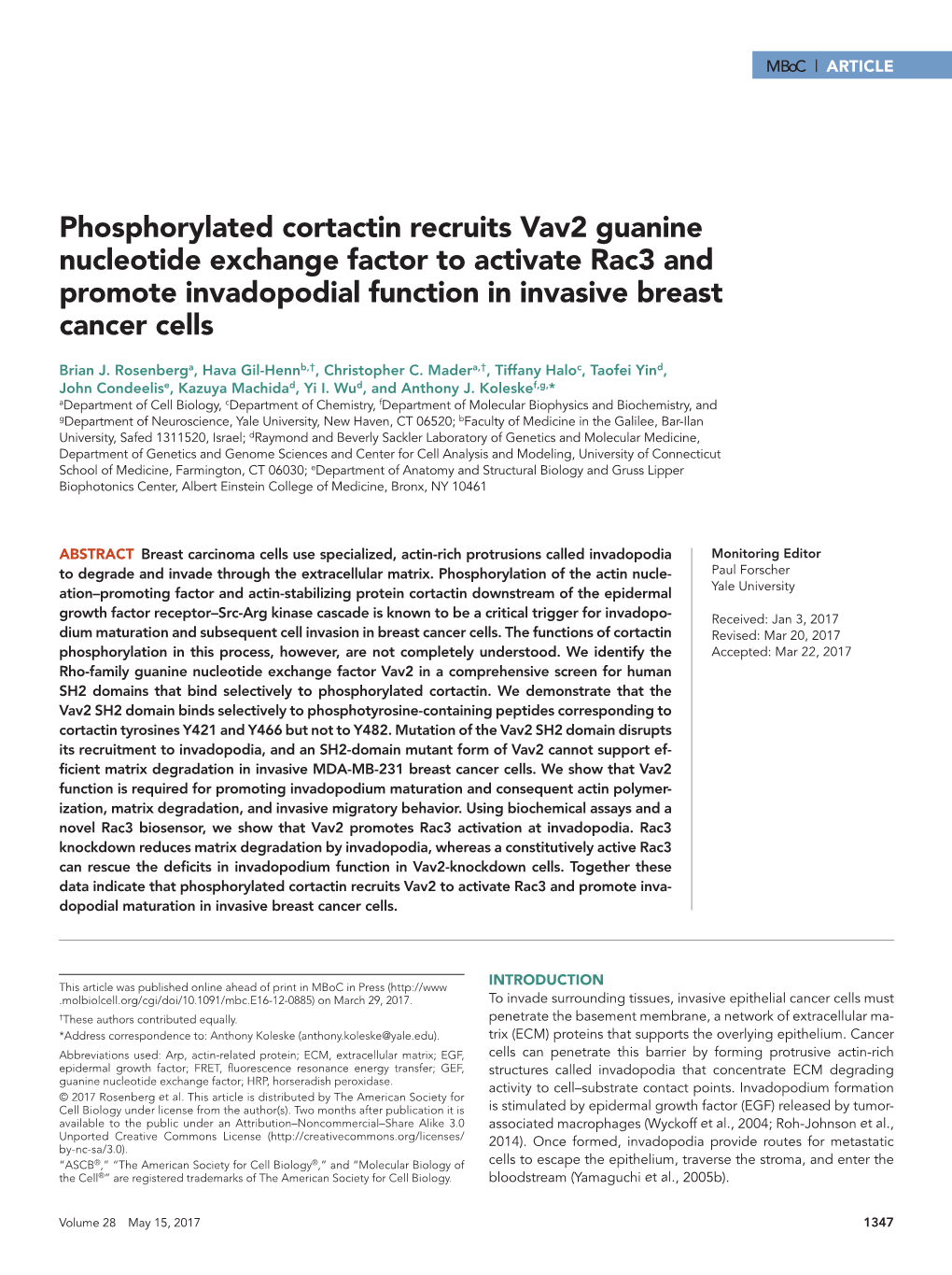 Phosphorylated Cortactin Recruits Vav2 Guanine Nucleotide Exchange Factor to Activate Rac3 and Promote Invadopodial Function in Invasive Breast Cancer Cells