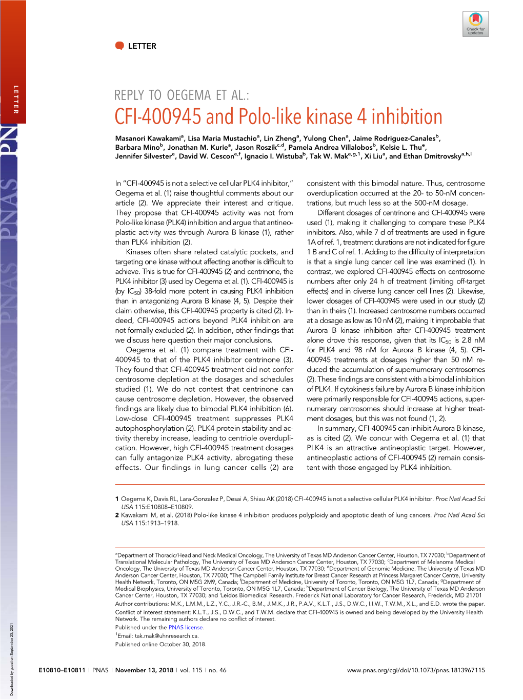 CFI-400945 and Polo-Like Kinase 4 Inhibition