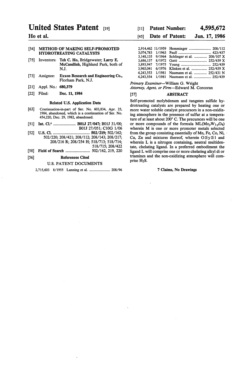 United States Patent (19) 11 Patent Number: 4,595,672 Ho Et Al