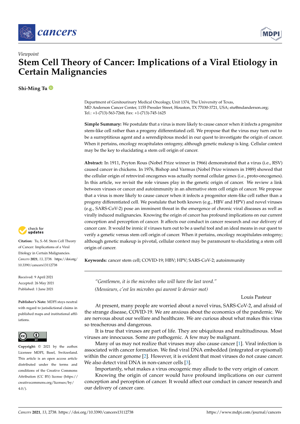 Stem Cell Theory of Cancer: Implications of a Viral Etiology in Certain Malignancies