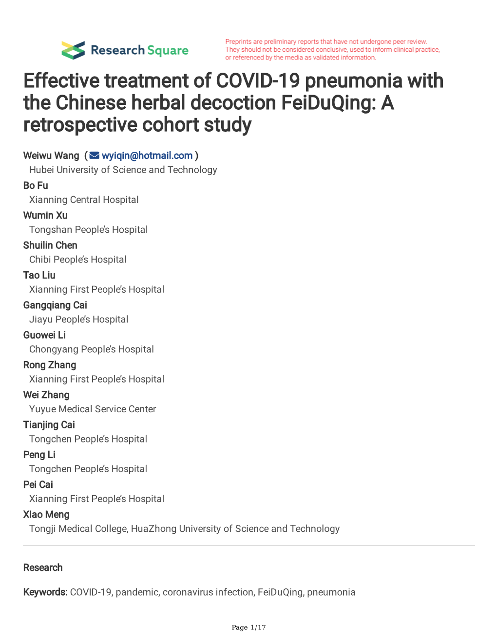 Effective Treatment of COVID-19 Pneumonia with the Chinese Herbal Decoction Feiduqing: a Retrospective Cohort Study