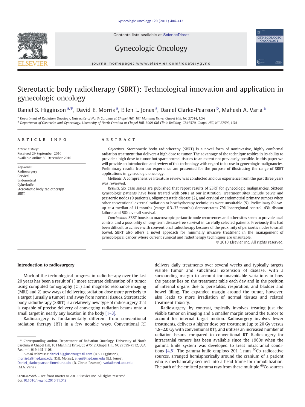 SBRT): Technological Innovation and Application in Gynecologic Oncology