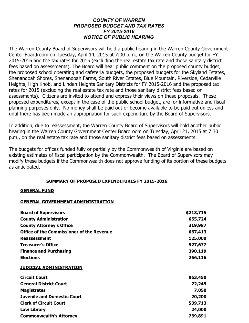 County of Warren Proposed Budget and Tax Rates Fy 2015-2016 Notice of Public Hearing