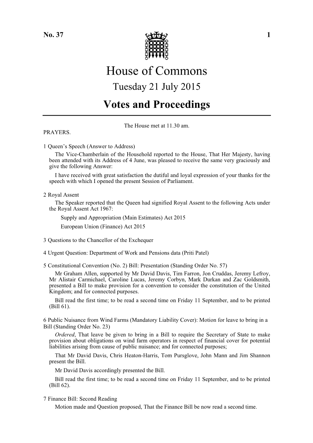 House of Commons Tuesday 21 July 2015 Votes and Proceedings