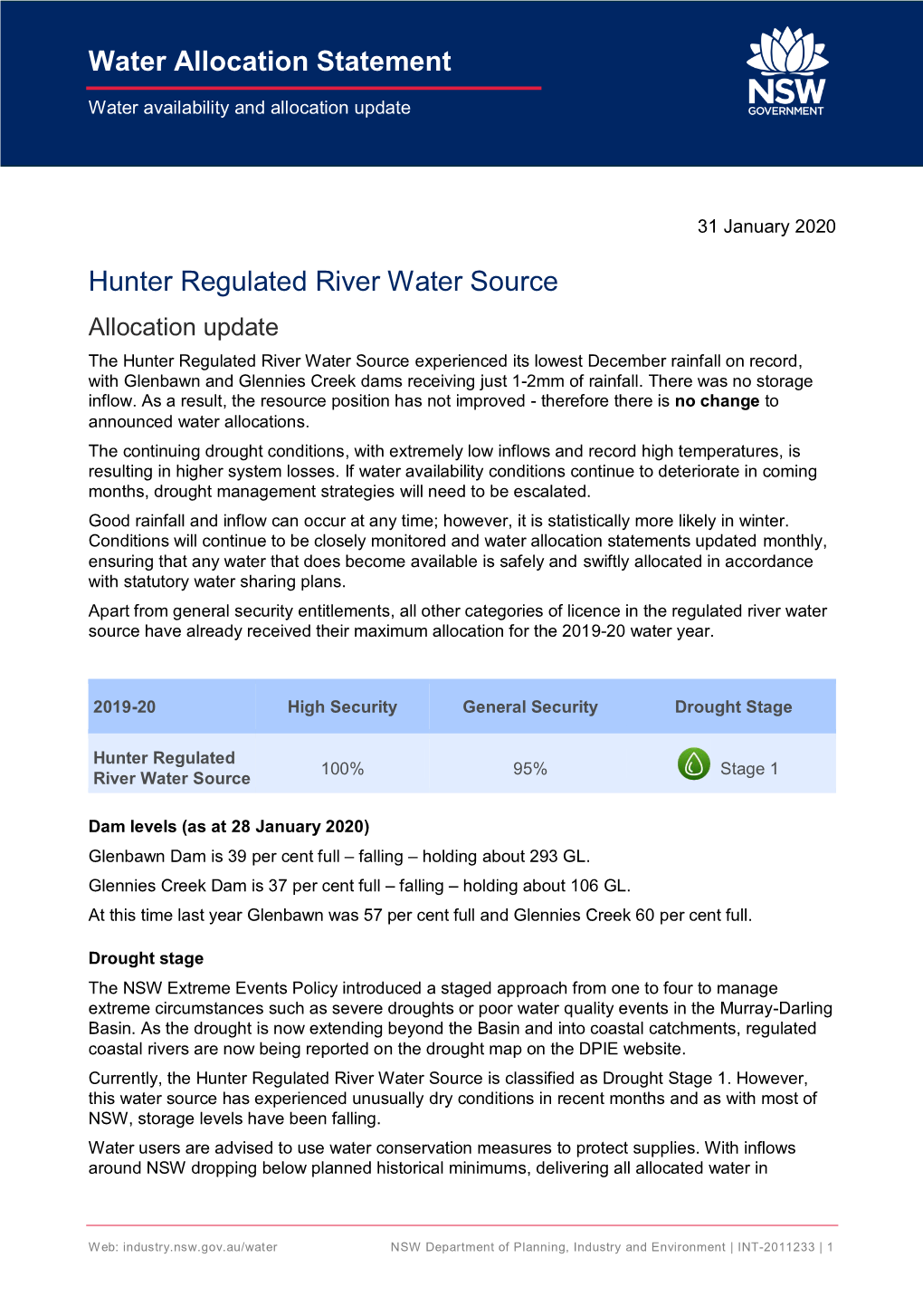 Hunter Regulated River Water Source