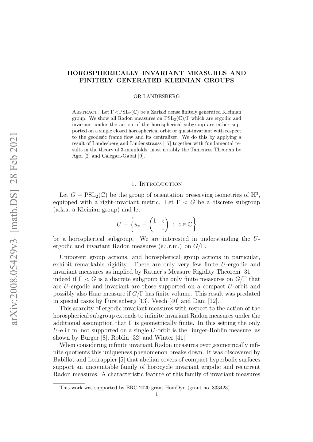 Arxiv:2008.05429V3 [Math.DS] 28 Feb 2021 Additional Assumption That Γ Is Geometrically ﬁnite