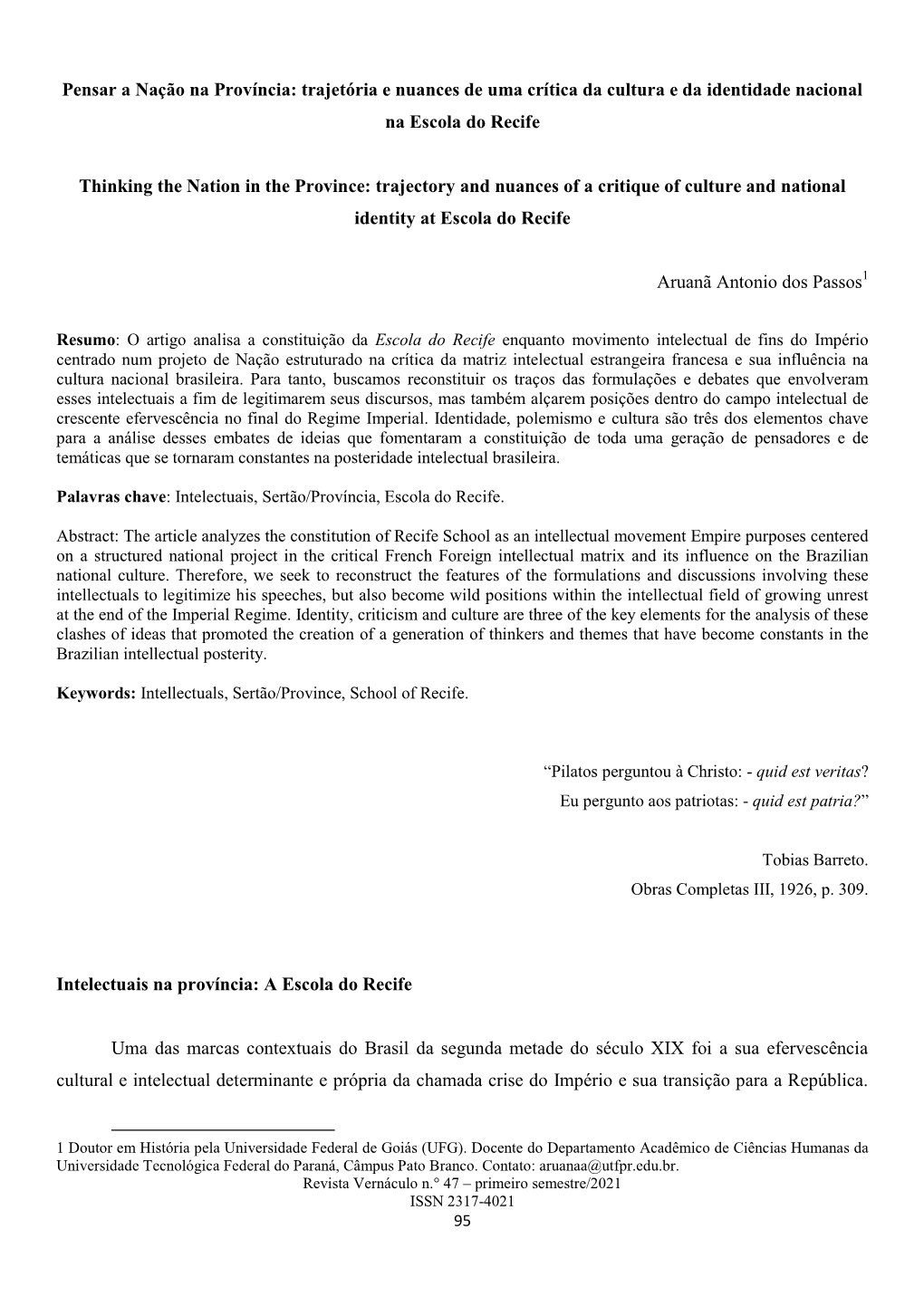 Trajetória E Nuances De Uma Crítica Da Cultura E Da Identidade Nacional Na Escola Do Recife