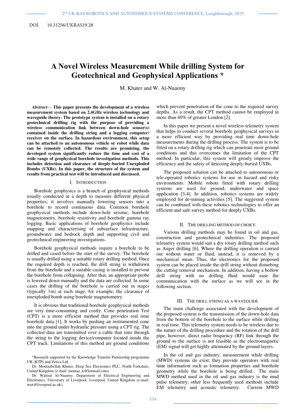 A Novel Wireless Measurement While Drilling System for Geotechnical and Geophysical Applications * M