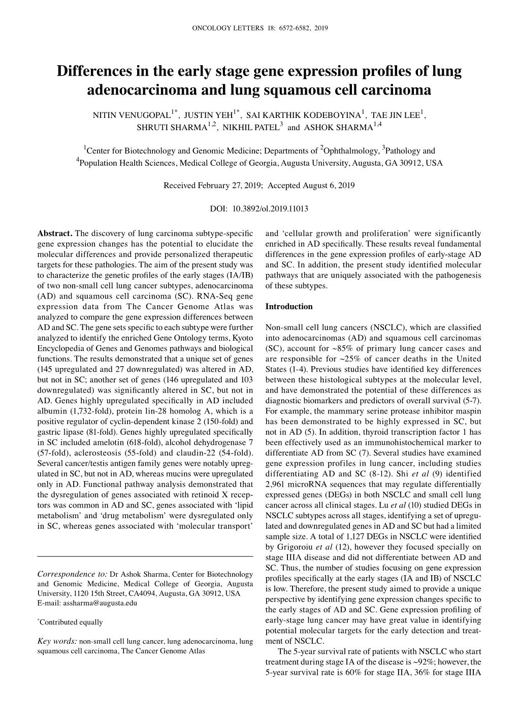 Differences in the Early Stage Gene Expression Profiles of Lung Adenocarcinoma and Lung Squamous Cell Carcinoma