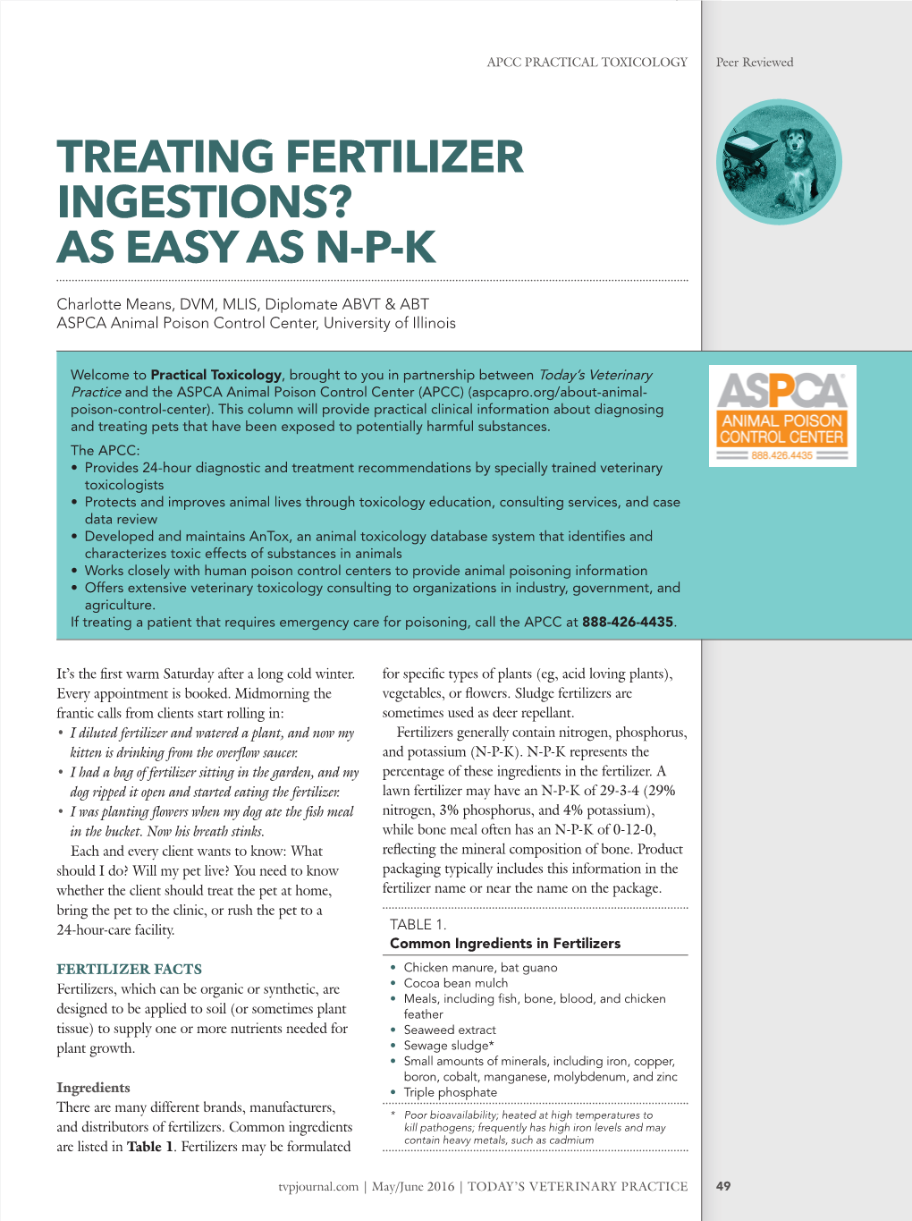 FERTILIZER INGESTIONS? AS EASY AS N-P-K Charlotte Means, DVM, MLIS, Diplomate ABVT & ABT ASPCA Animal Poison Control Center, University of Illinois