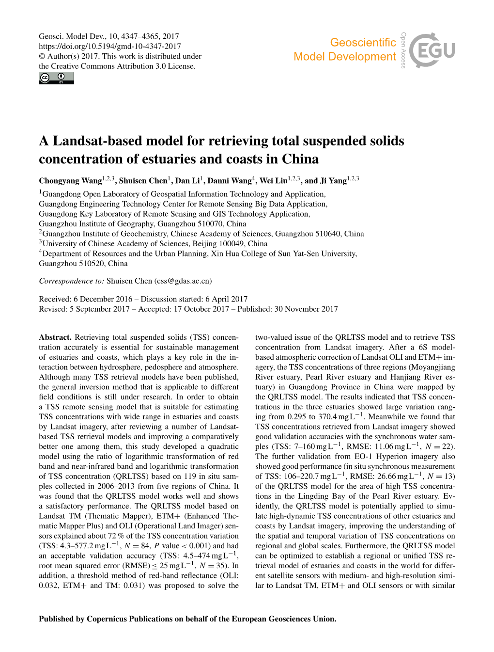 A Landsat-Based Model for Retrieving Total Suspended Solids Concentration of Estuaries and Coasts in China