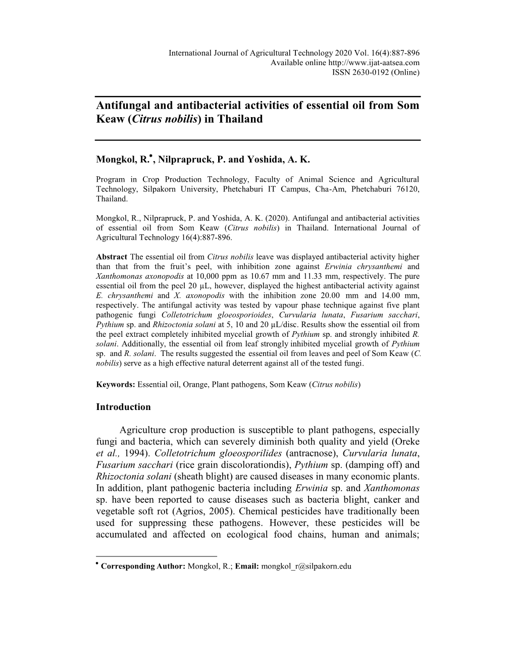 Antifungal and Antibacterial Activities of Essential Oil from Som Keaw (Citrus Nobilis) in Thailand