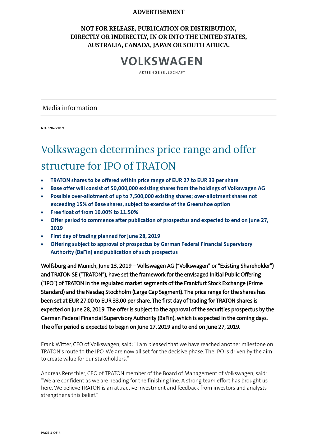 Volkswagen Determines Price Range and Offer Structure for IPO of TRATON