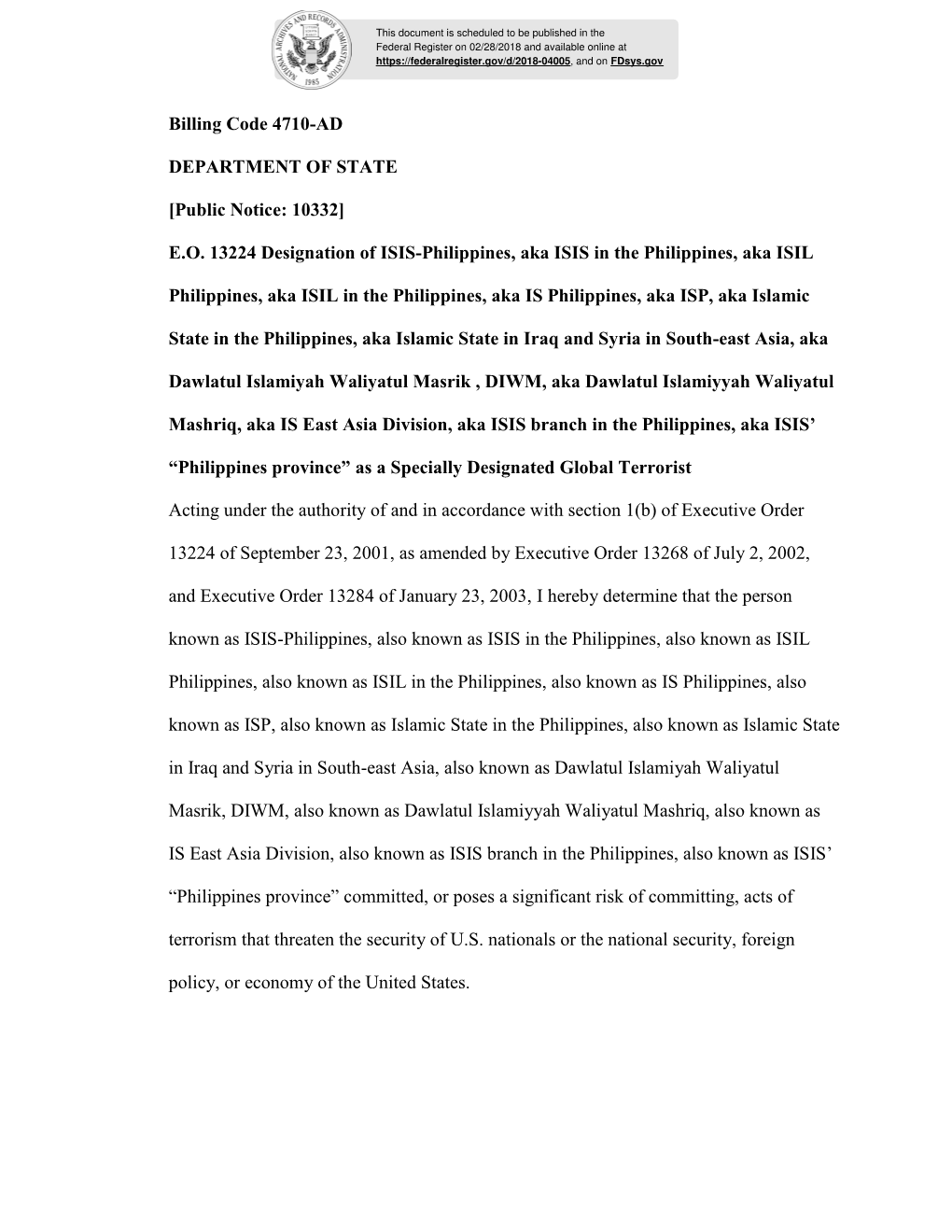 EO 13224 Designation of ISIS-Philippines