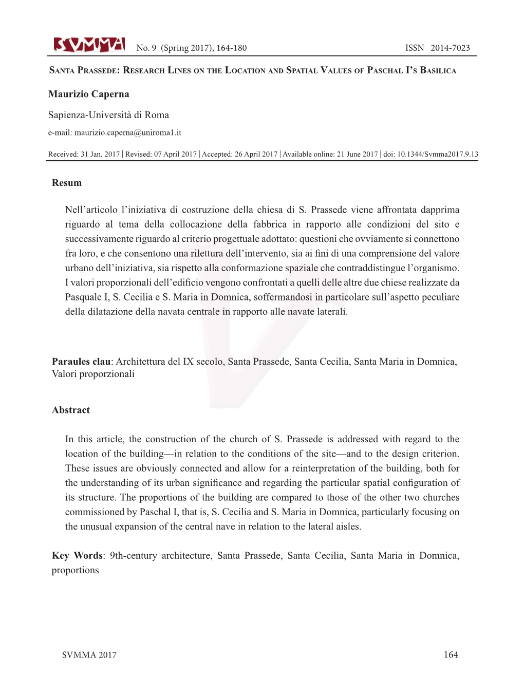 Santa Prassede: Research Lines on the Location and Spatial Values of Paschal I’S Basilica