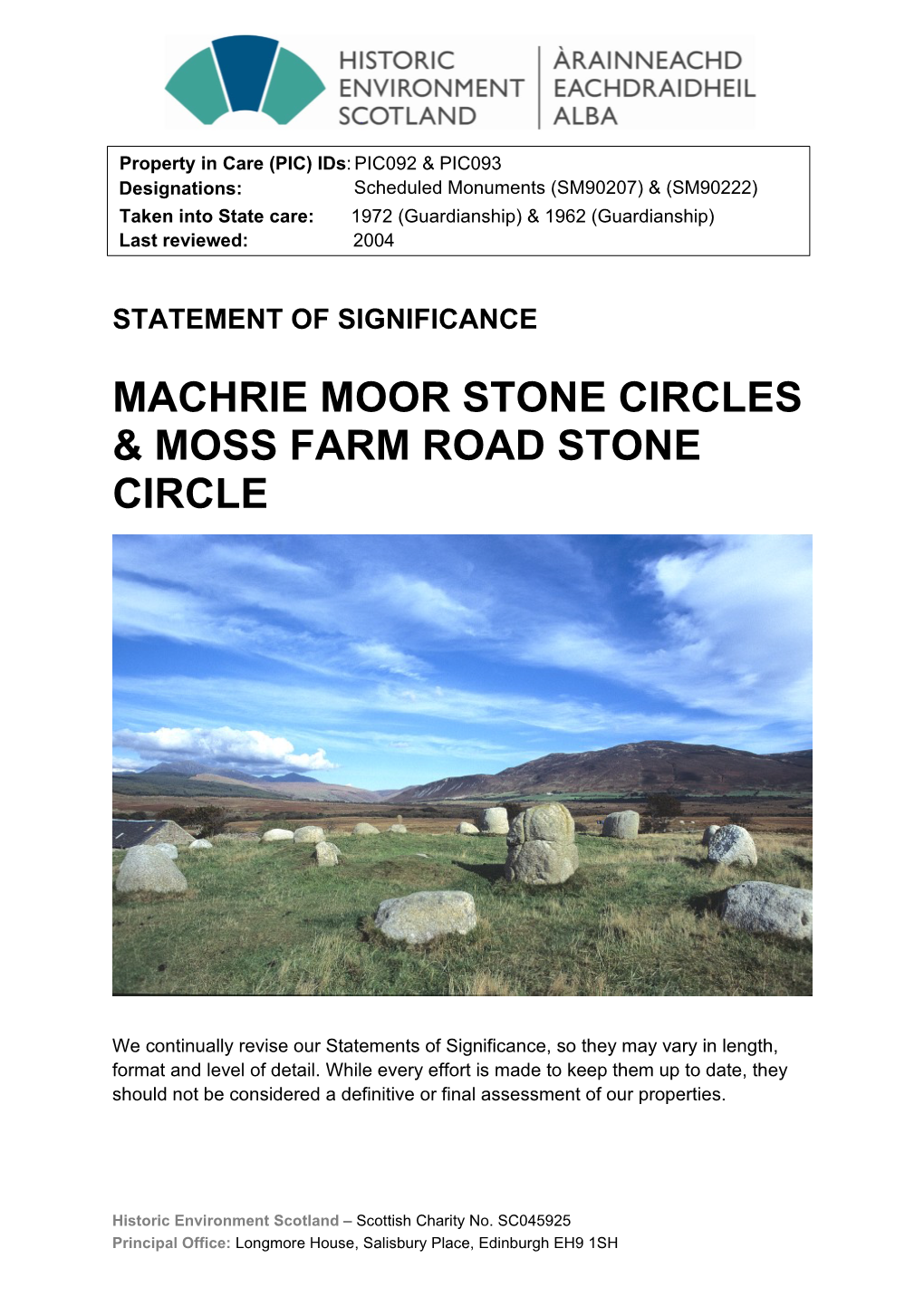 Machrie Moor Stone Circles & Moss Farm Road Stone Circle Statement