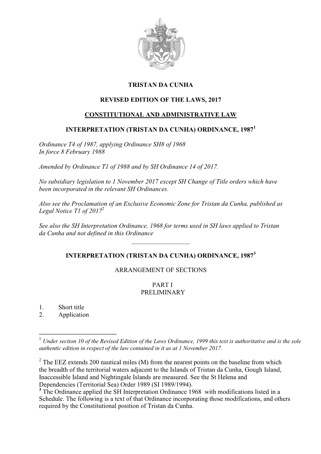 Interpretation (Tristan Da Cunha) Ordinance , 1987