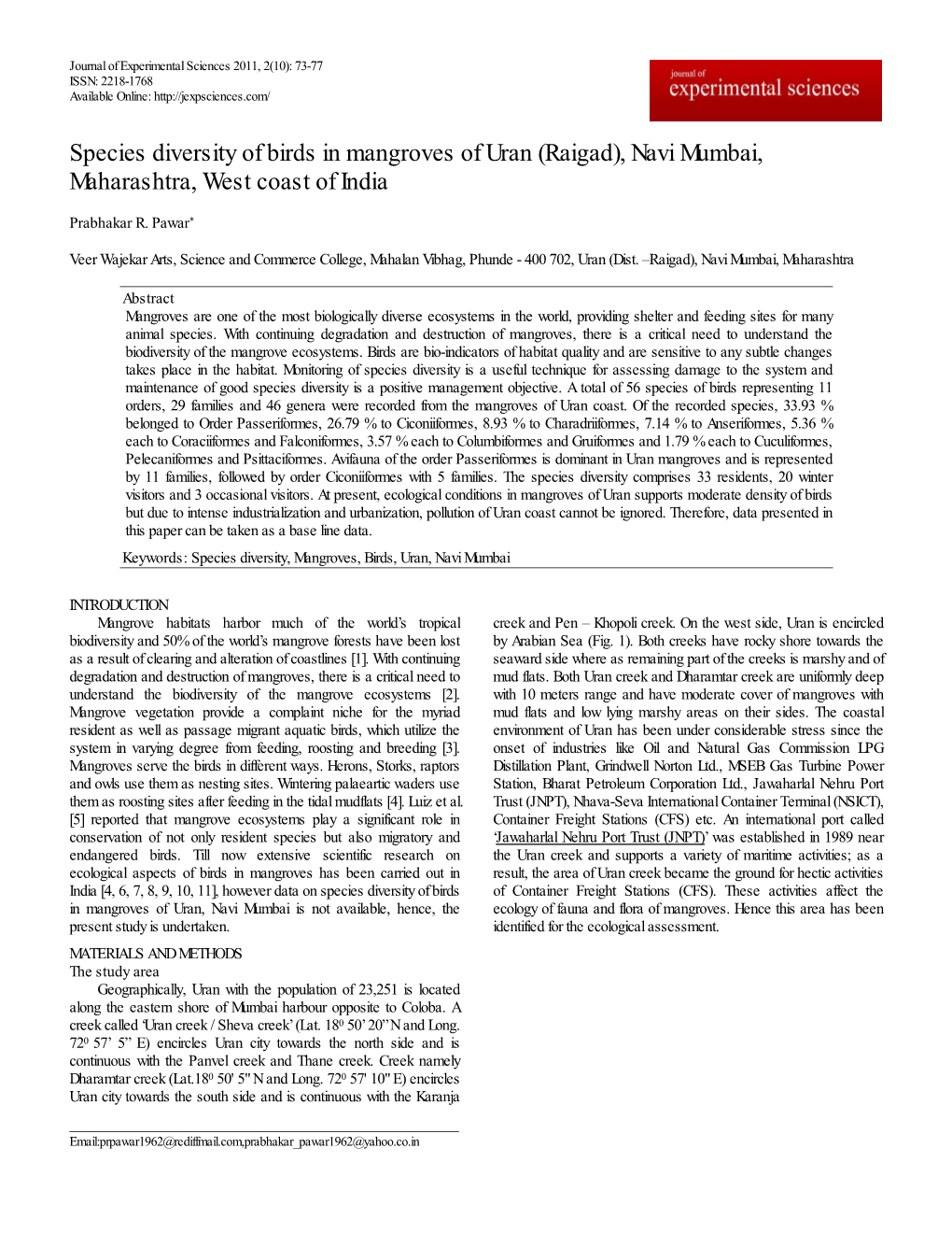 Species Diversity of Birds in Mangroves of Uran (Raigad), Navi Mumbai, Maharashtra, West Coast of India