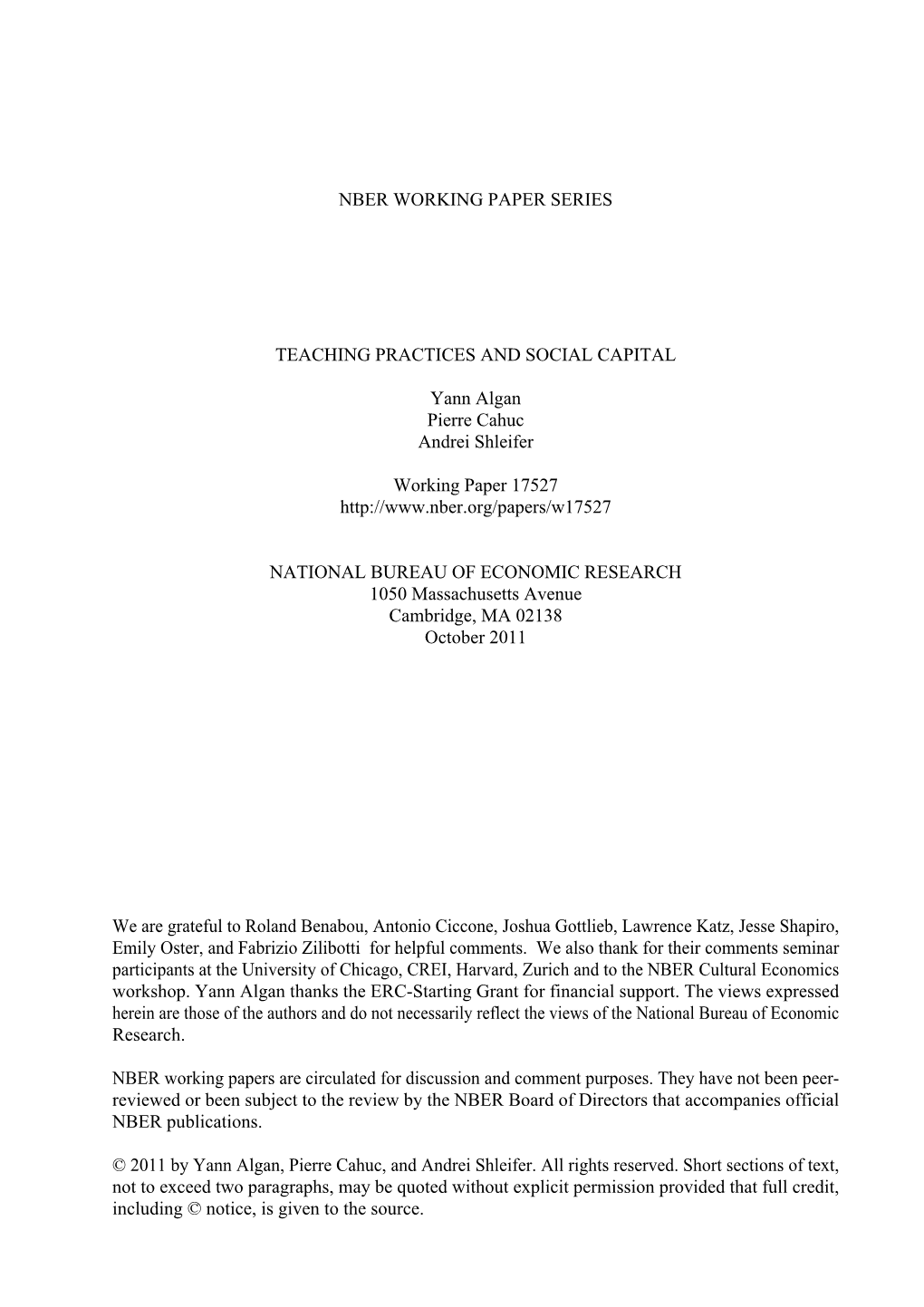 Nber Working Paper Series Teaching Practices And