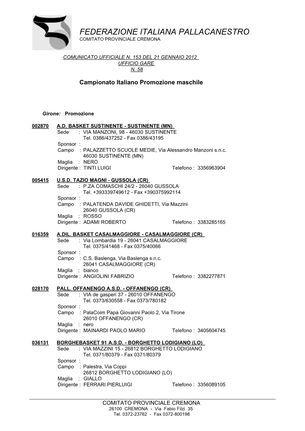 Federazione Italiana Pallacanestro Comitato Provinciale Cremona