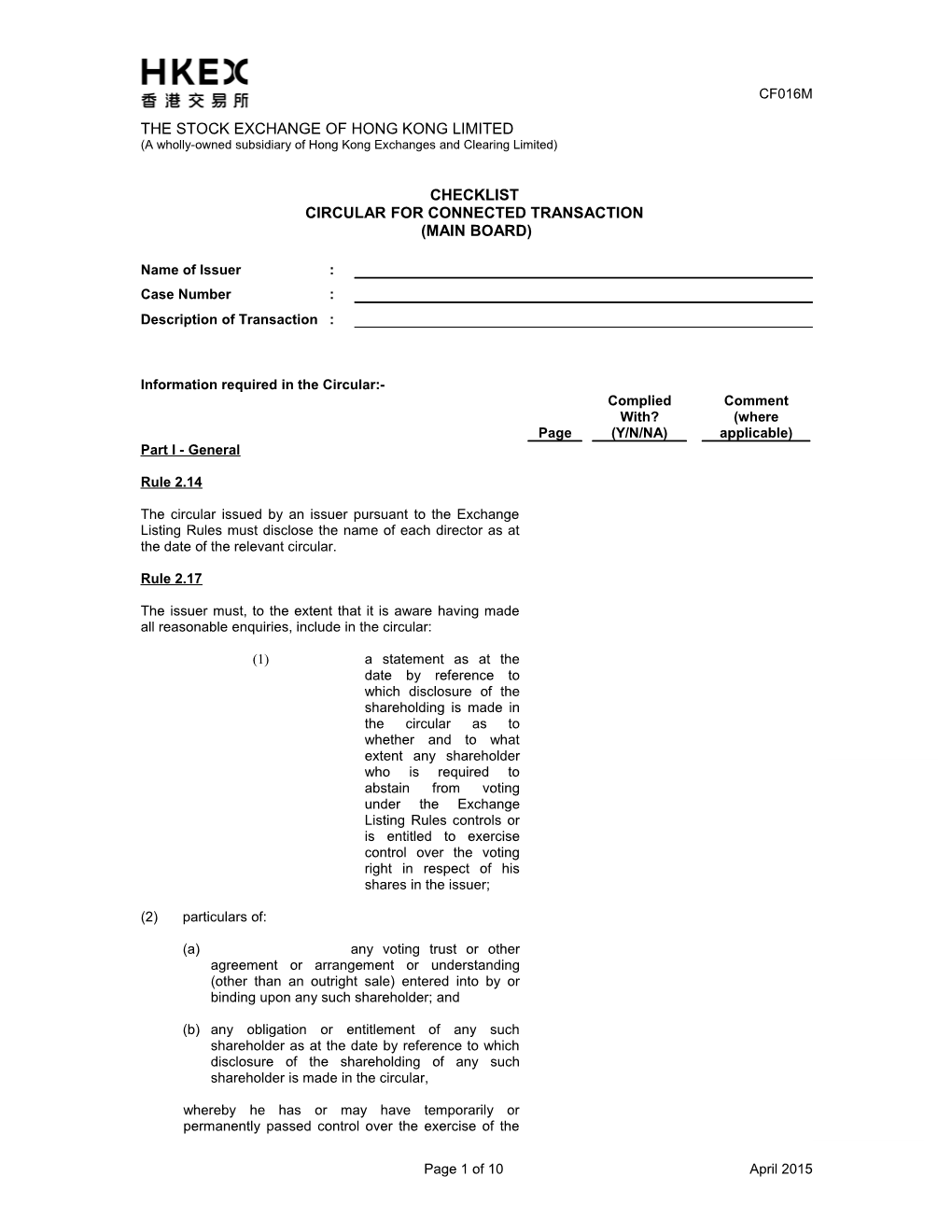 Checklist Of Information To Be Included In Connected Transaction Circular