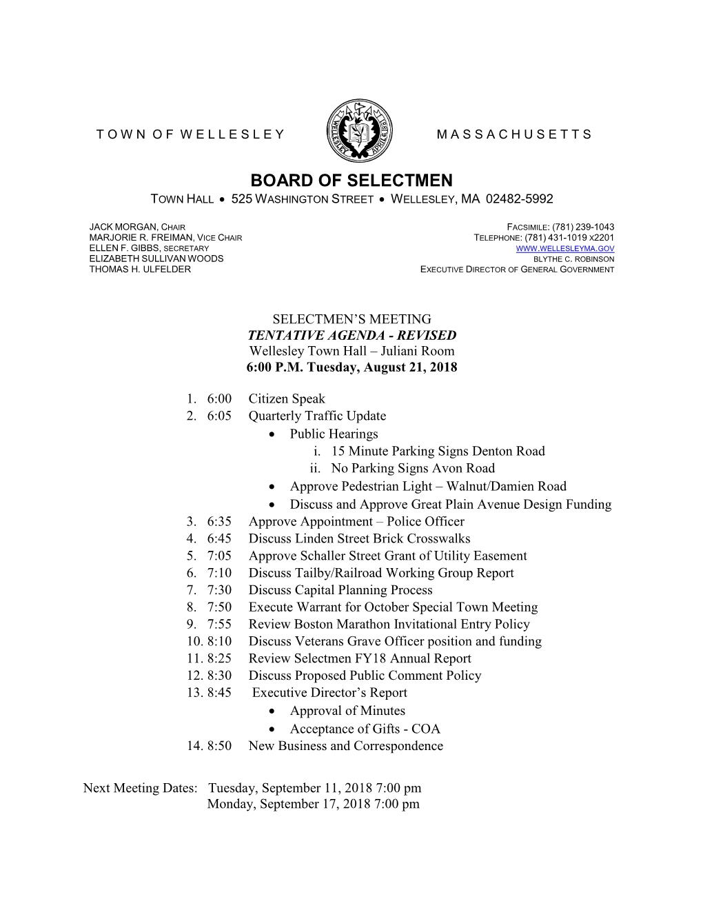 Board of Selectmen Town Hall  525 Washington Street  Wellesley, Ma 02482-5992