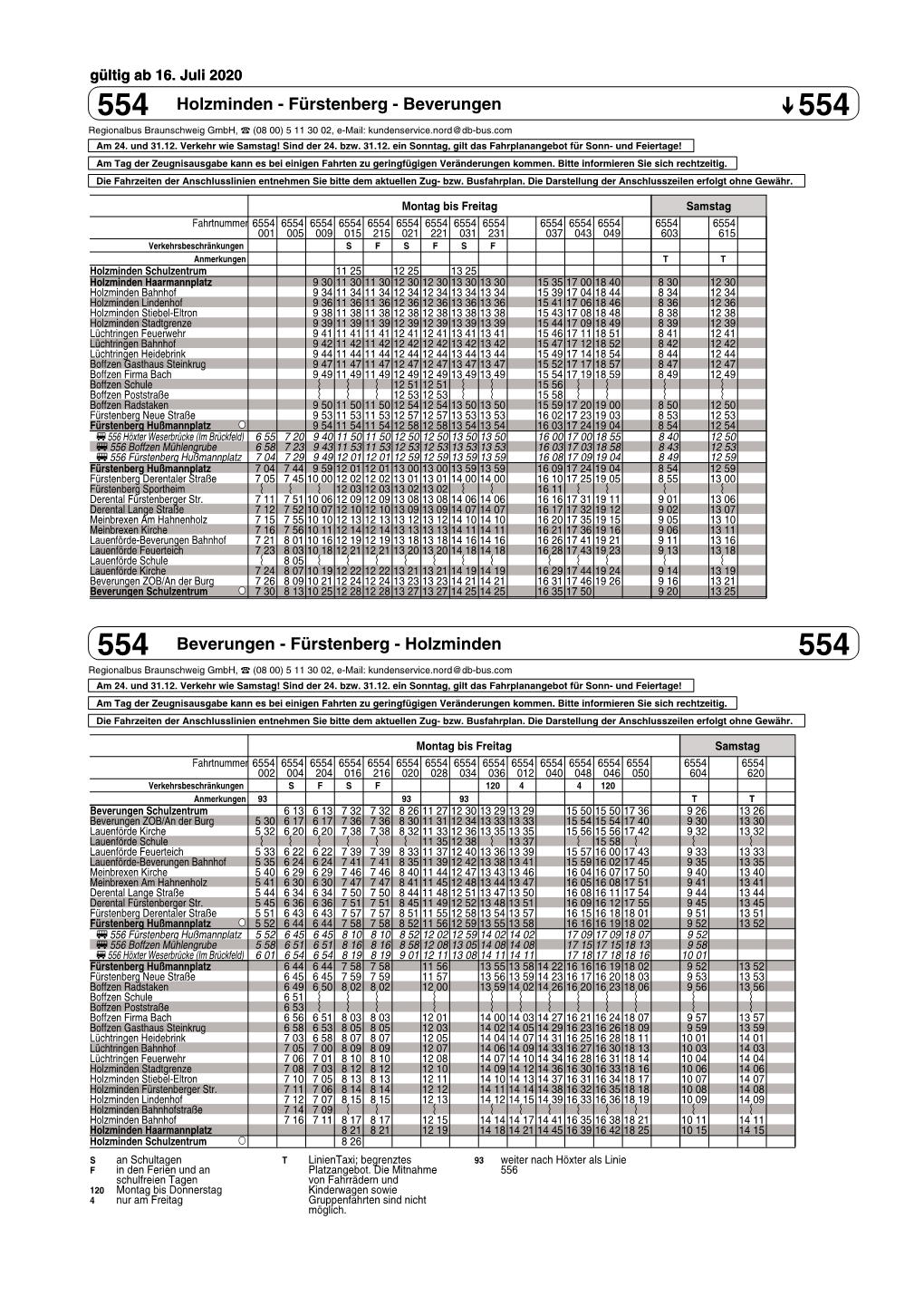 554 Holzminden - Fürstenberg - Beverungen 554 Regionalbus Braunschweig Gmbh, ` (08 00) 5 11 30 02, E-Mail: Kundenservice.Nord@Db-Bus.Com Am 24