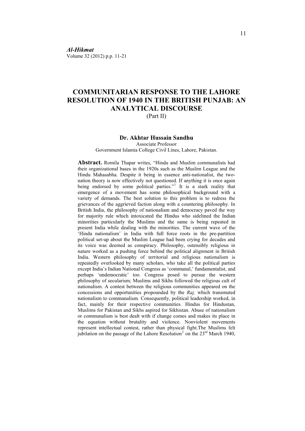 COMMUNITARIAN RESPONSE to the LAHORE RESOLUTION of 1940 in the BRITISH PUNJAB: an ANALYTICAL DISCOURSE (Part II)