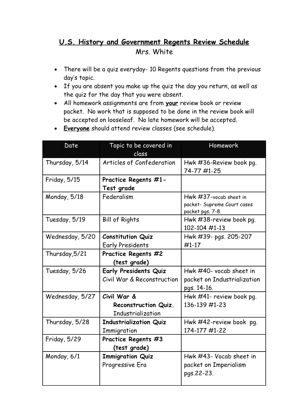 Global History and Geography Regents Review Schedule s1