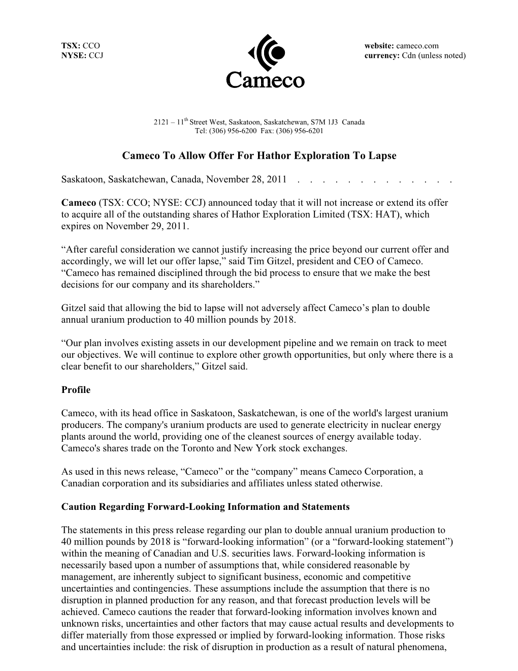 Cameco to Allow Offer for Hathor Exploration to Lapse