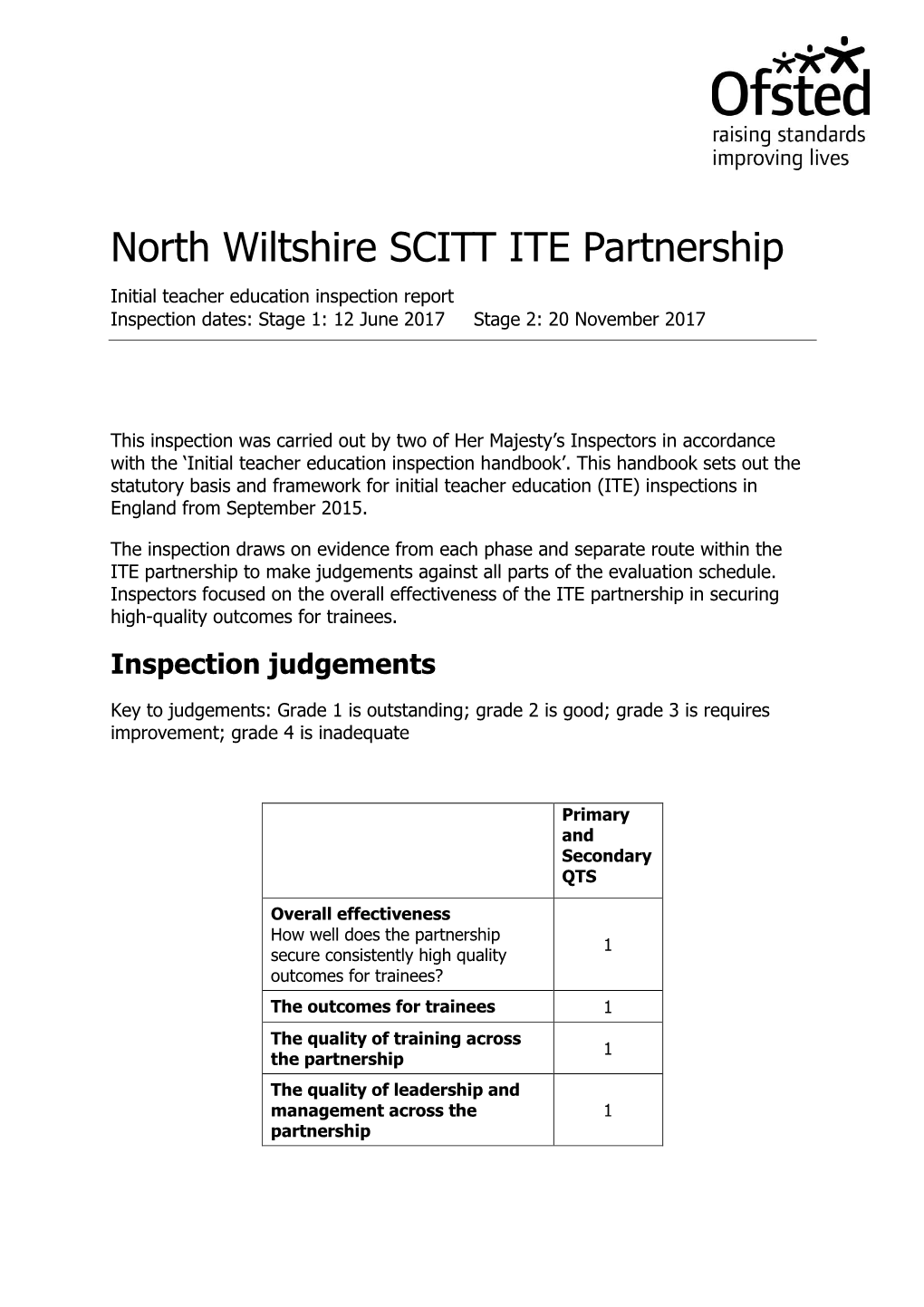 North Wiltshire SCITT ITE Partnership Initial Teacher Education Inspection Report Inspection Dates: Stage 1: 12 June 2017 Stage 2: 20 November 2017