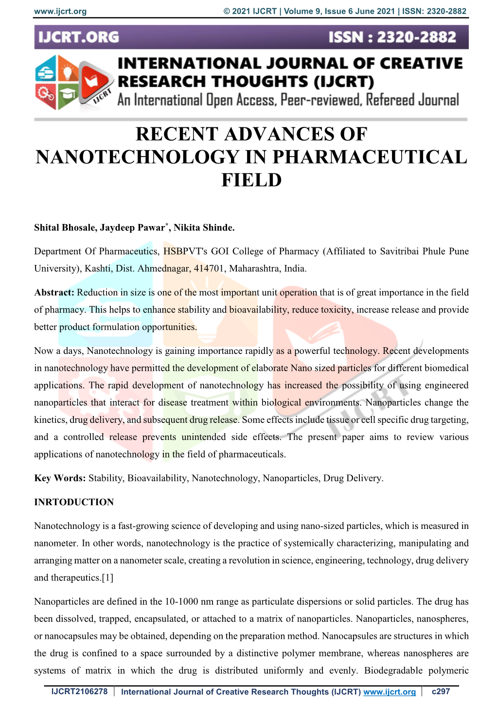Recent Advances of Nanotechnology in Pharmaceutical Field