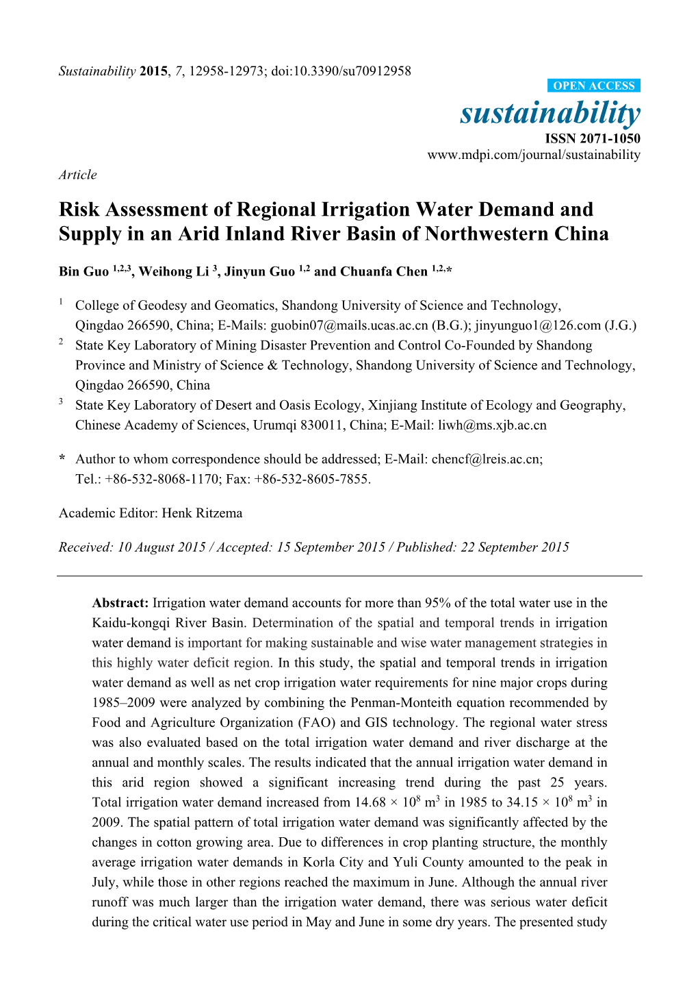 Risk Assessment of Regional Irrigation Water Demand and Supply in an Arid Inland River Basin of Northwestern China