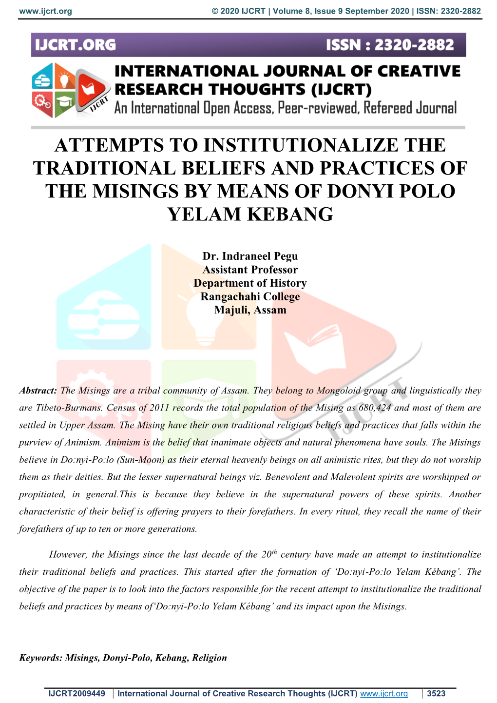 Attempts to Institutionalize the Traditional Beliefs and Practices of the Misings by Means of Donyi Polo Yelam Kebang