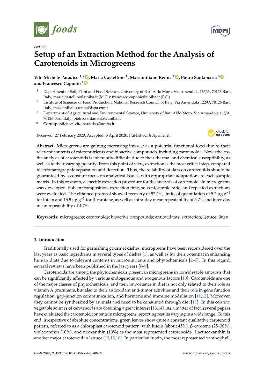 Setup of an Extraction Method for the Analysis of Carotenoids in Microgreens