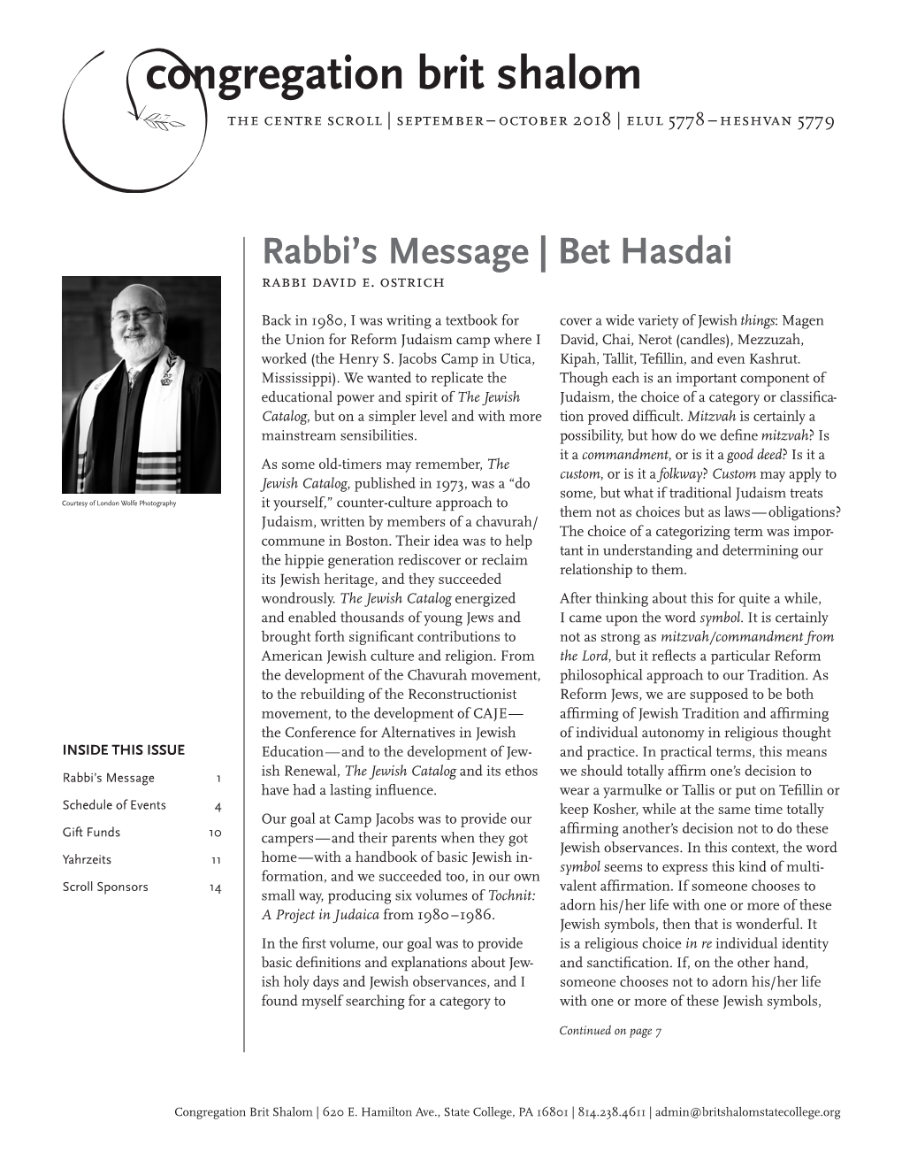 Rabbi's Message