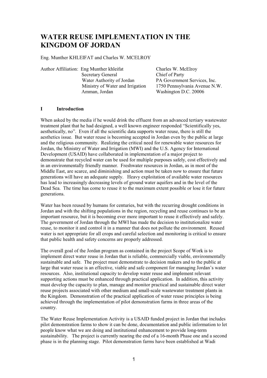 Water Reuse Implementation in the Kingdom of Jordan