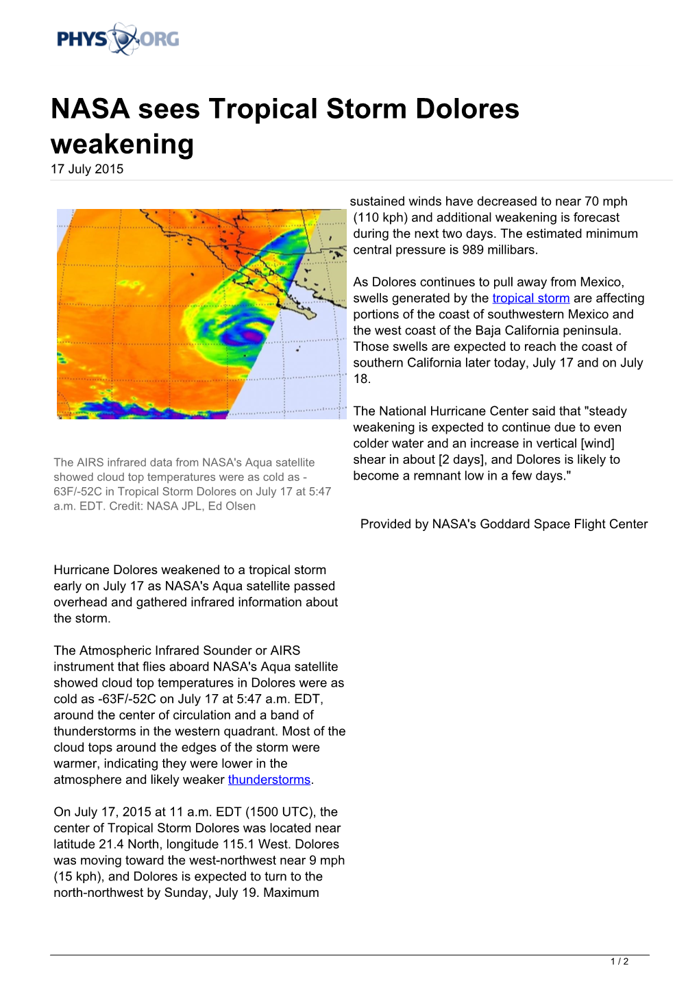 NASA Sees Tropical Storm Dolores Weakening 17 July 2015