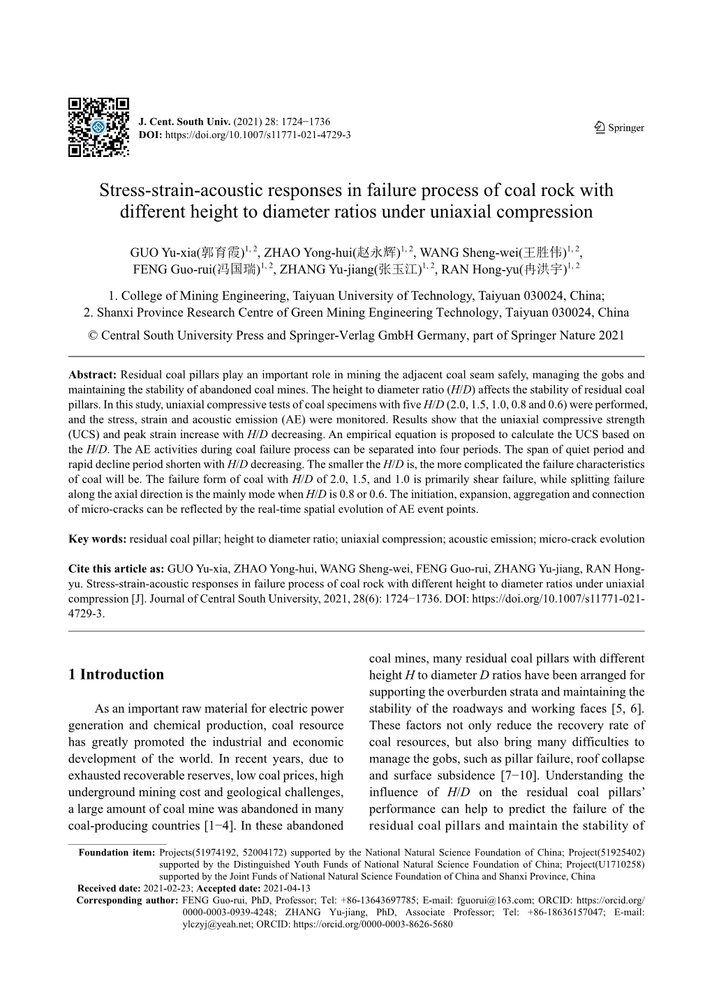 Stress-Strain-Acoustic Responses in Failure Process of Coal Rock with Different Height to Diameter Ratios Under Uniaxial Compression