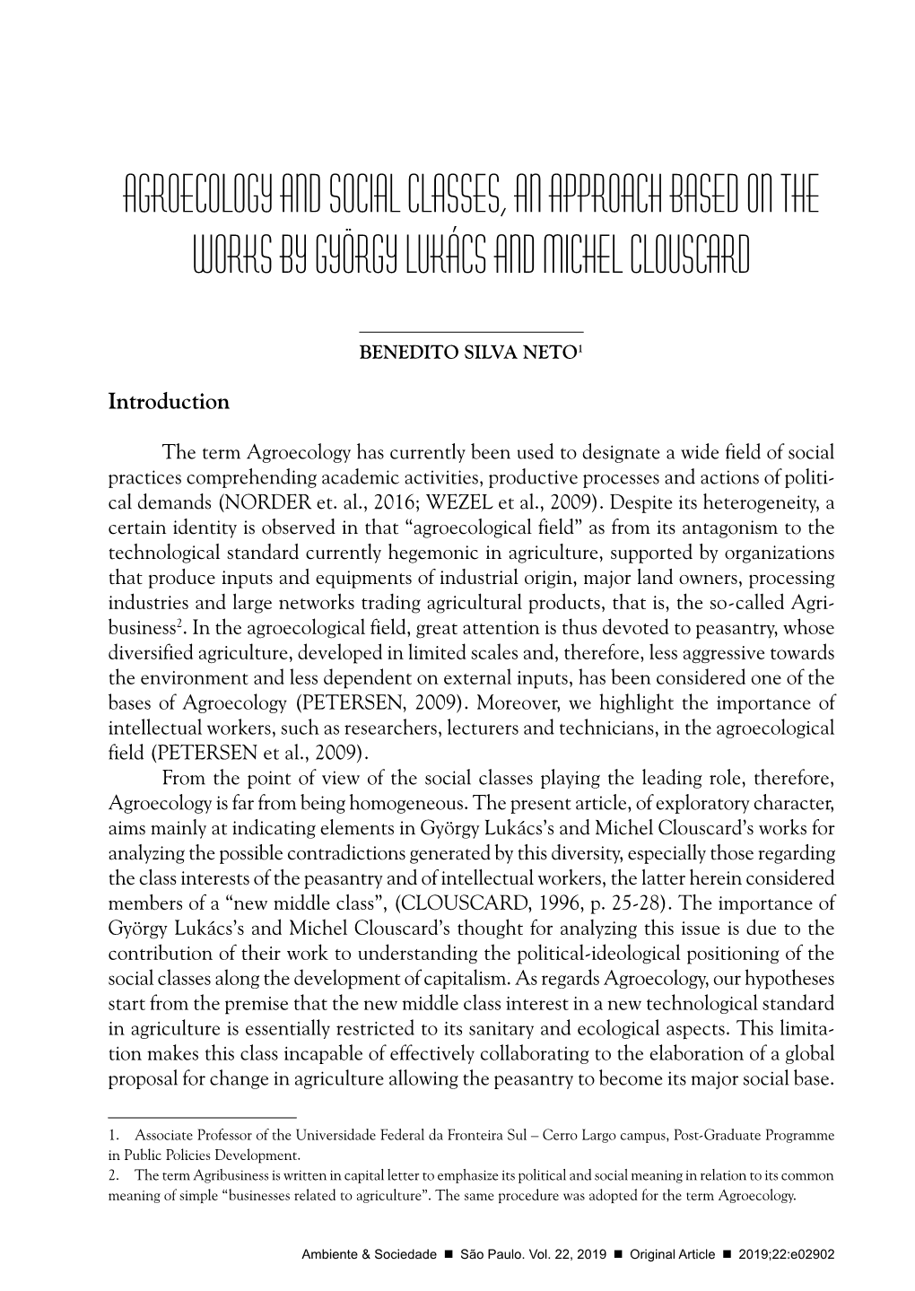 Agroecology and Social Classes, an Approach Based on the Works by György Lukács and Michel Clouscard